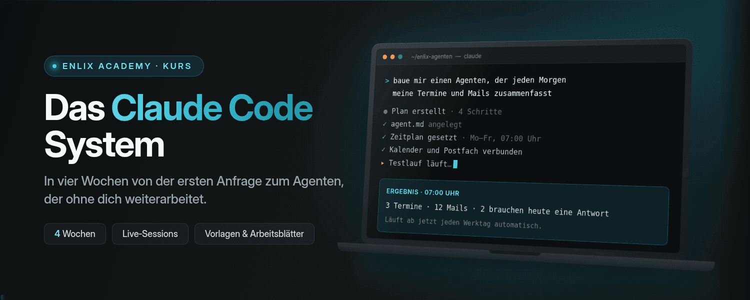 Das Claude Code System: ein Terminal, in dem ein Agent gebaut wird, der jeden Morgen um 7 Uhr Termine und Mails zusammenfasst.